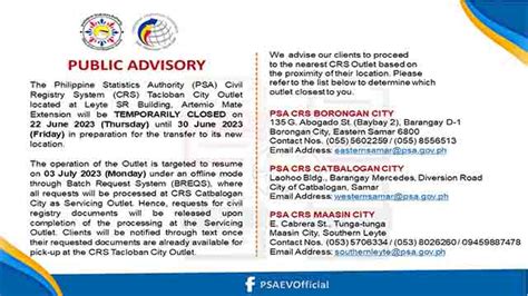 psa tacloban new location|PSA CRS Tacloban outlet temporary closure .